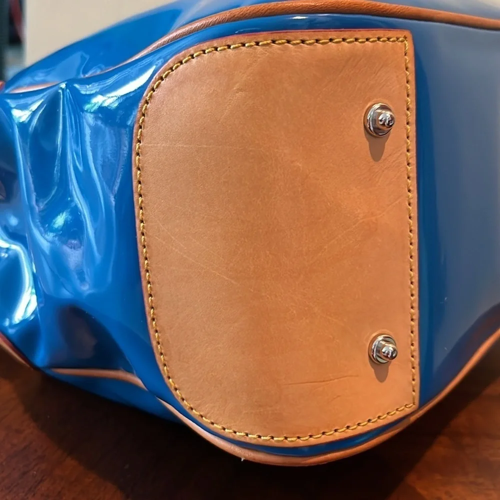 Dooney & Bourke  Satchel  Royal blue coated canvas/ tan leather trim   Like New